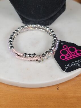 Paparazzi Silver and Light Pink Multi-Strand Butterfly Beaded Coil Bracelet